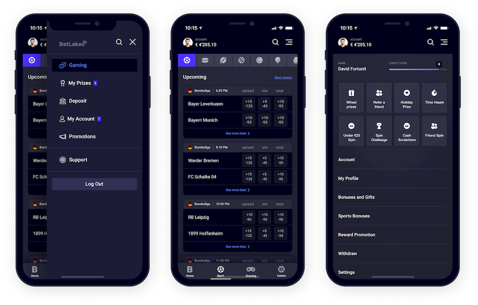 User account pages in the sports betting app